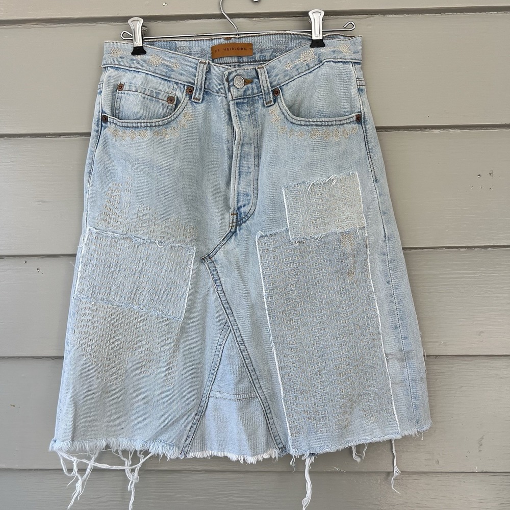 Free People Heirloom Denim Patchwork Skirt Boho‎ Desert Cottagecore Button Fly